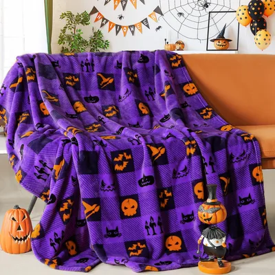 Spooky Season Blanket: Halloween Pumpkins and Bats Checkered Design