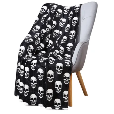 Halloween Skull Blanket: White Skull Pattern on Black Fleece