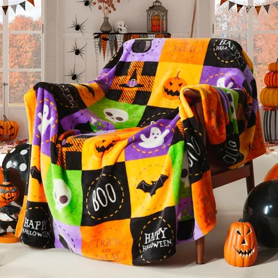 Pumpkin Patch Halloween Blanket Spooky Patchwork Design for Fall