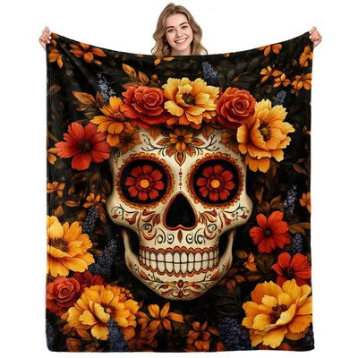 Marigold Flowers Blanket: Sugar Skull Day of the Dead Design