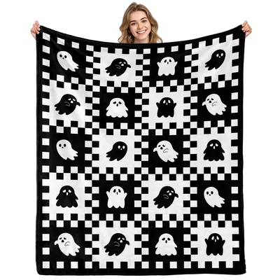 Black and White Ghost Blanket: Spooky Checkered Halloween Throw