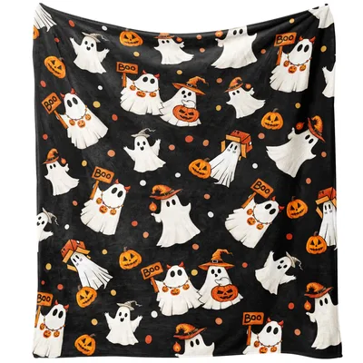 Cute Halloween Blanket with Ghosts and Jack-O'-Lantern Polka Dots