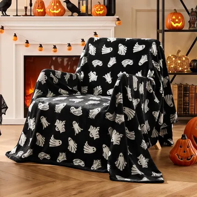 Cute Ghost Blanket: Spooky White Specters on Black