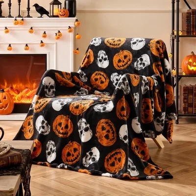 Halloween Pumpkin Skull Blanket for Spooky Season Decor
