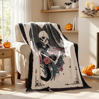 Halloween Skeleton Blanket: Gothic Skull and Black Cat Design