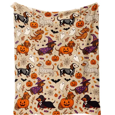 Dachshund Halloween Blanket: Spooky Costumed Dogs and Pumpkins Pattern