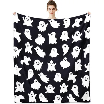 Halloween Ghost Pattern Blanket: Friendly White Ghosts on Black