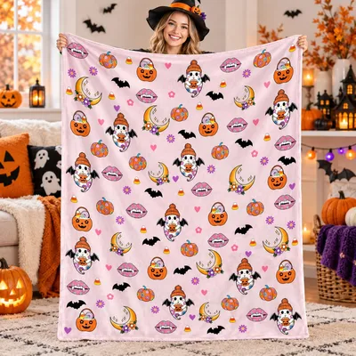Pink Halloween Ghost Blanket: Cute Pumpkin and Bat Pattern