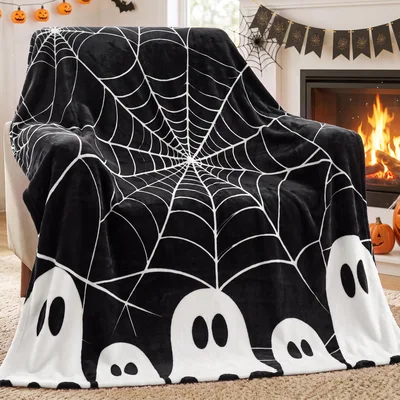 Halloween Ghost Spider Web Blanket for Spooky Season Comfort
