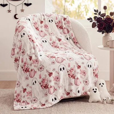 Cute Ghosts with Pumpkins Blanket: Soft Floral Halloween Throw