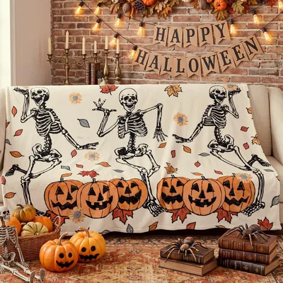 Halloween Skeleton Pumpkin Blanket: Dancing Bones and Jack-O-Lanterns