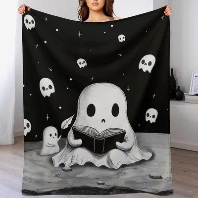 Ghost Reading Book Blanket: Cute Ghost Fleece Throw for Couch