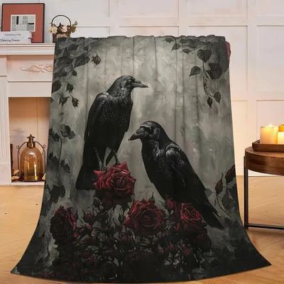 Gothic Crow Raven Roses Blanket: Dark Art for Halloween Lovers
