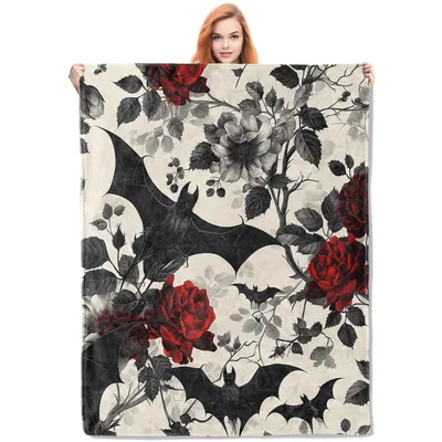 Monochrome Bats and Crimson Blanket Gothic Floral Throw