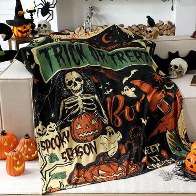 Halloween Skeleton Pumpkins Blanket Spooky Vintage Design for Fall