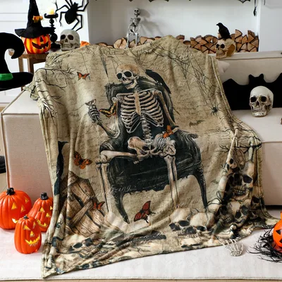 Vintage Skeleton Halloween Blanket: Gothic Throne Design