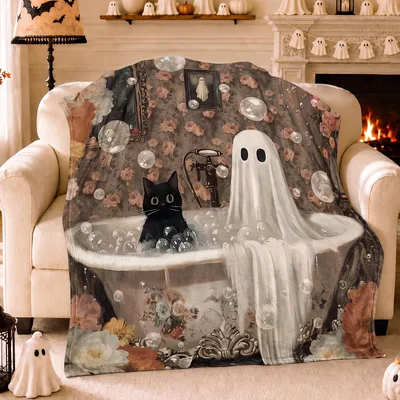 Halloween Ghost Cat Bathtub Blanket: Spooky Bath Time with a Black Cat