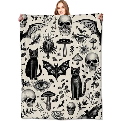 Gothic Cats Skulls Bats Blanket: Spooky Tattoo-Style Design