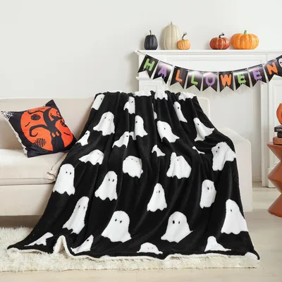 Cute White Ghosts Blanket: Spooky Halloween Pattern for Cozy Nights