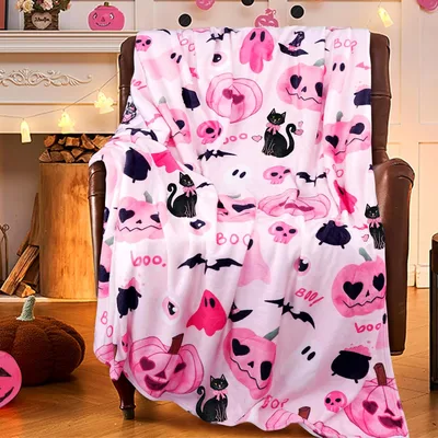 Pink Ghost Blanket: Spooky Pink Pumpkins and Cats Design