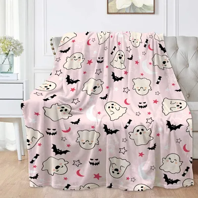 Pink Holiday Blanket: Cute Ghost and Bat Halloween Pattern