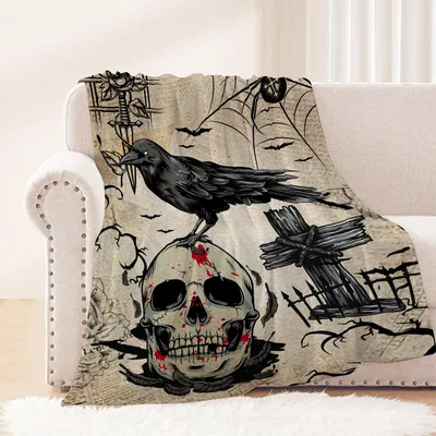 Halloween Skull Raven Blanket: Gothic Art with Crow and Skull