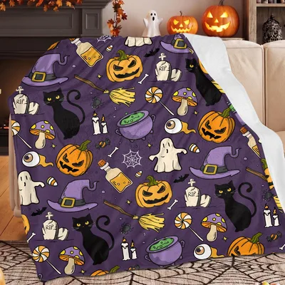 Halloween Pumpkin Cat Ghost Blanket for Spooky Season Decor