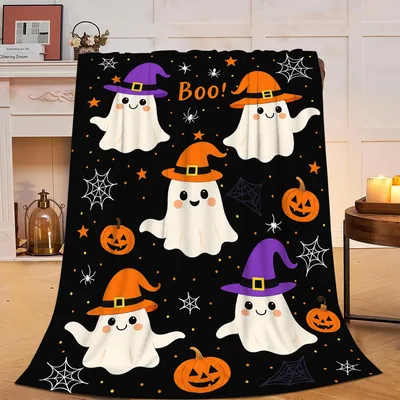 Cute Ghosts with Witch Blanket: Spooky Smiling Spirits and Pumpkins