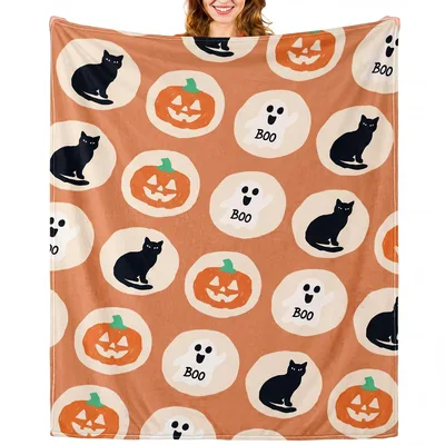 Halloween Ghosts Pumpkins and Black Cats Blanket with Spooky Patterns