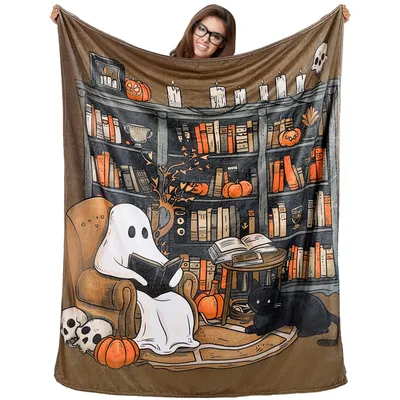 Ghost Reading Blanket: Spooky Library Scene for Book Lovers