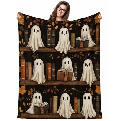 Ghosts Reading Books on Shelves Blanket for Spooky Book Lovers
