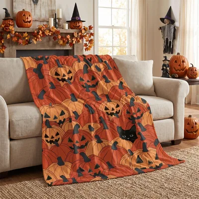 Jack-o-Lantern Pumpkins with Black Blanket: Spooky Halloween Design