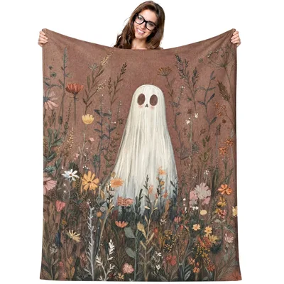 Cute Ghost Wildflowers Blanket: Spooky Floral Art for Halloween