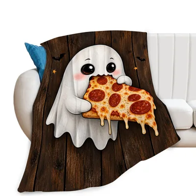 Ghost Pizza Halloween Blanket: Cute Ghost Eating Pepperoni Slice