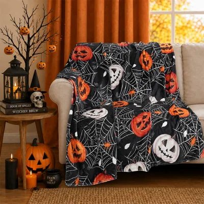 Halloween Pumpkins Spiderweb Blanket Spooky Jack-O-Lantern Throw