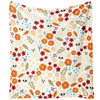 Halloween Ghost Skull Floral Blanket: Spooky Autumn Flowers