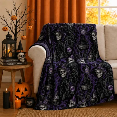 Witch Skull Cat Pattern Blanket for Spooky Season