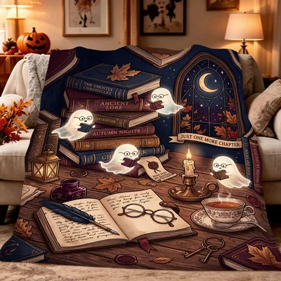 Ghostly Reading Nook Books Blanket: Spooky Ghosts and Stacked Volumes