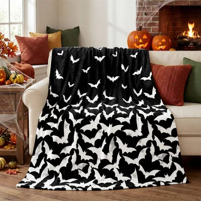 Black and White Bats Pattern Blanket for Halloween Enthusiasts