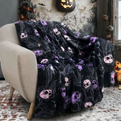 Goth Skull Halloween Blanket featuring pink