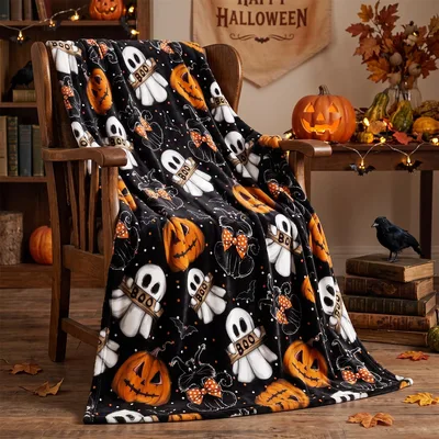 Ghost Pumpkin Cat Halloween Print Blanket for Spooky Season