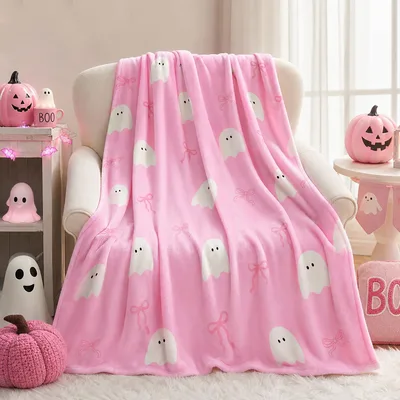 Pink Ghosts and Bows Blanket: Cute Halloween Throw with White Spirits