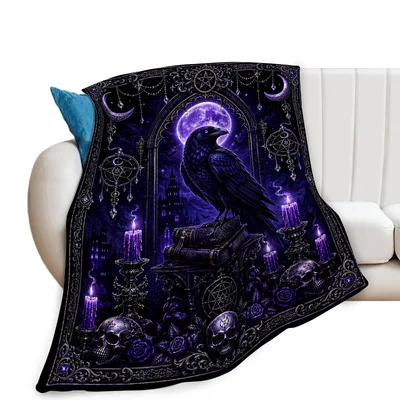 Gothic Raven on Ancient Blanket: Dark Moon and Skull Artwork