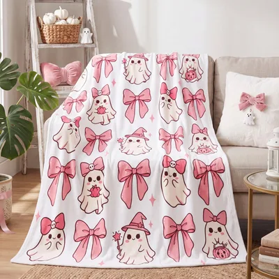 Pink Bow Ghost Halloween Blanket: Cute Spooky Design for Fall