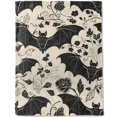 Gothic Bat Pattern Blanket: Vintage Floral and Winged Creature Design