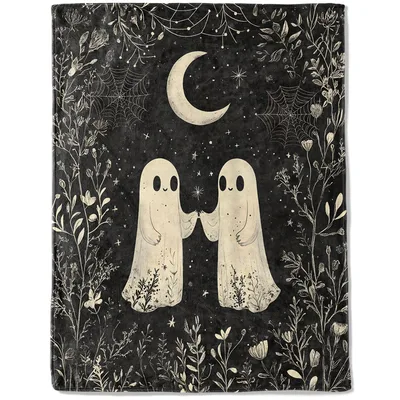 Two Ghosts Holding Hands Blanket: Whimsical Spooky Night Moon Art