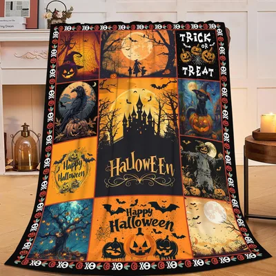 Halloween Pumpkin Patchwork Blanket features a gothic castle