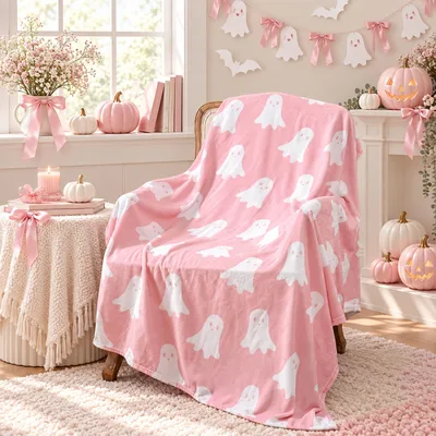 Pink Ghost Pattern Blanket: Cute White Ghosts on Pink