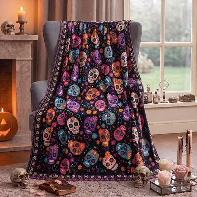 Colorful Sugar Skulls Blanket: Vibrant Day of the Dead Art Design