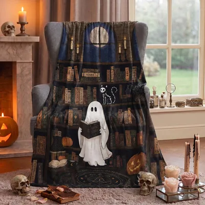 Ghost Reading Spooky Bookshelf Blanket for Halloween Book Lovers